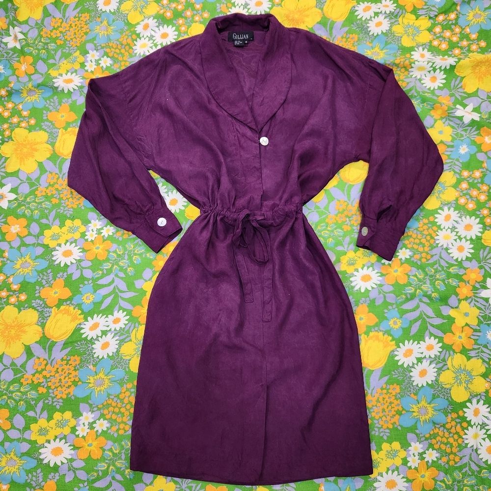 Gillian Vintage 90s 100% Silk Purple Drawstring Waist Midi Dress